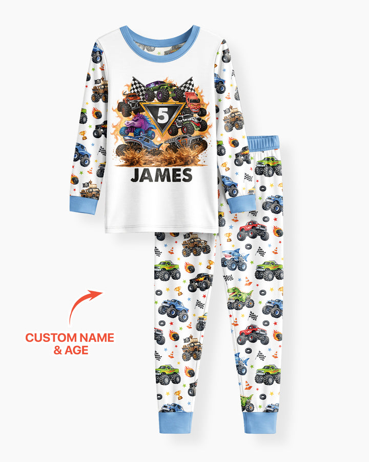 Personalized Monster Trucks Birthday Boy Bamboo Two Piece Long Sleeve Pajama Set