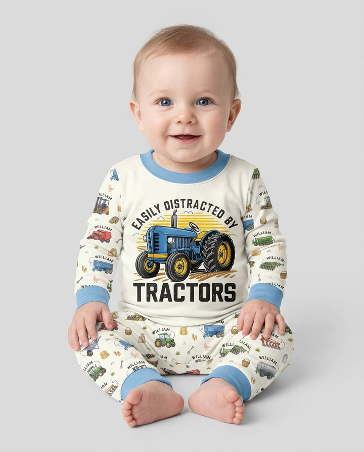 Easily Distracted By Tractors Custom Name Bamboo Two Piece Long Sleeve Pajama Set