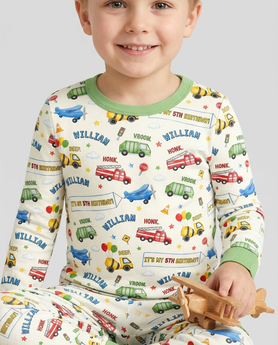 Personalized Transportation Birthday Bamboo Two Piece Long Sleeve Pajama Set