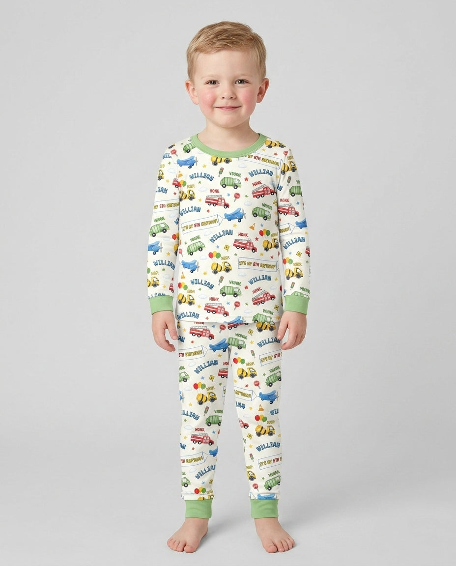 Personalized Transportation Birthday Bamboo Two Piece Long Sleeve Pajama Set