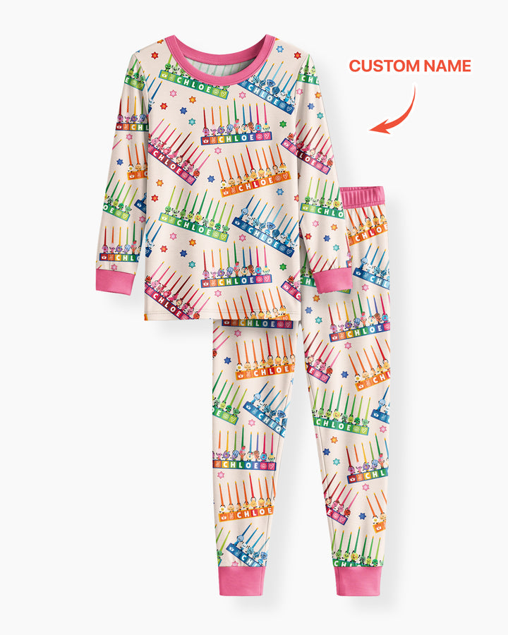 Personalized Jewish Menorah Bamboo Two Piece Long Sleeve Pajama Set