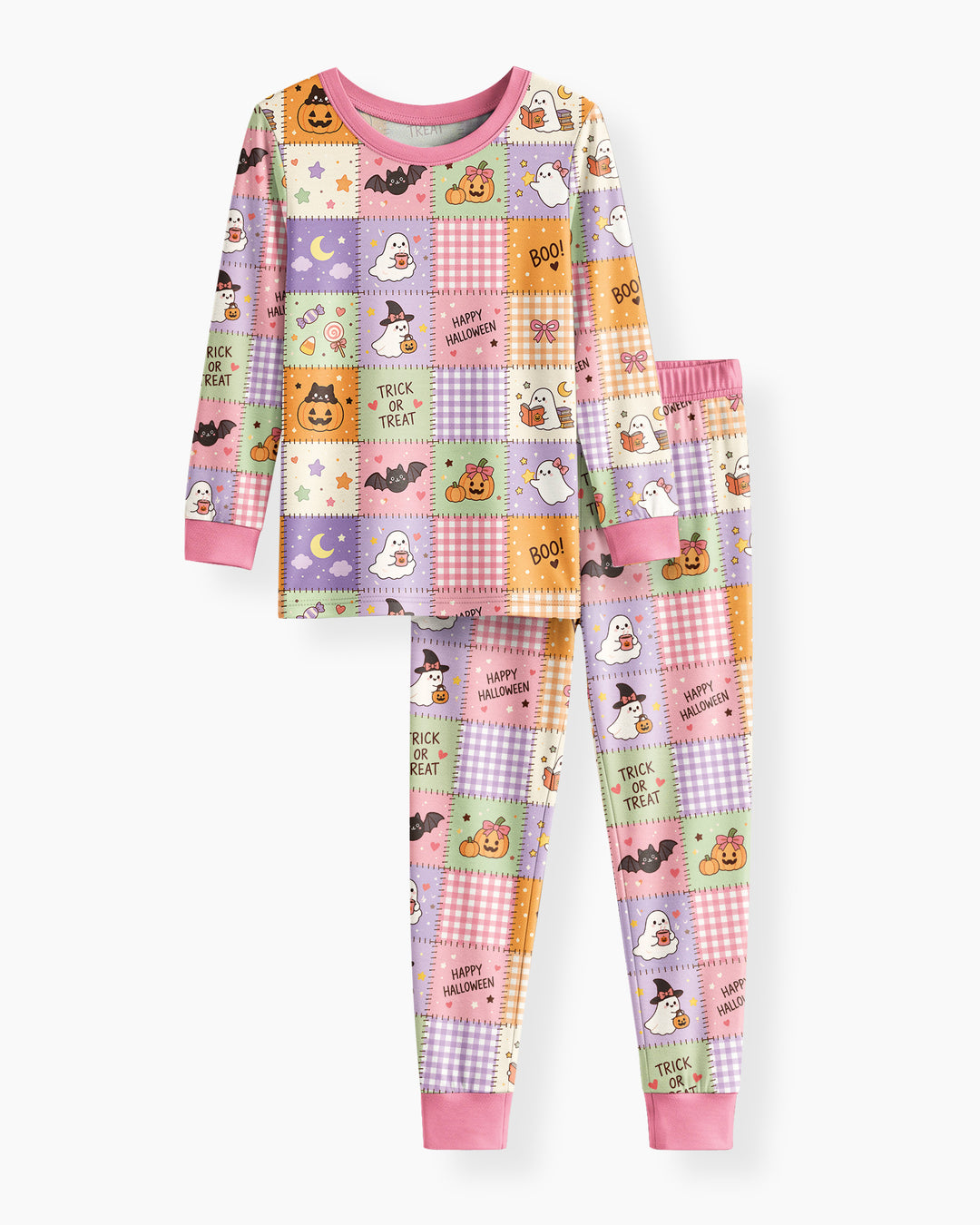 Cute Halloween Trick Or Treat Patchwork Bamboo Two Piece Long Sleeve Pajama Set