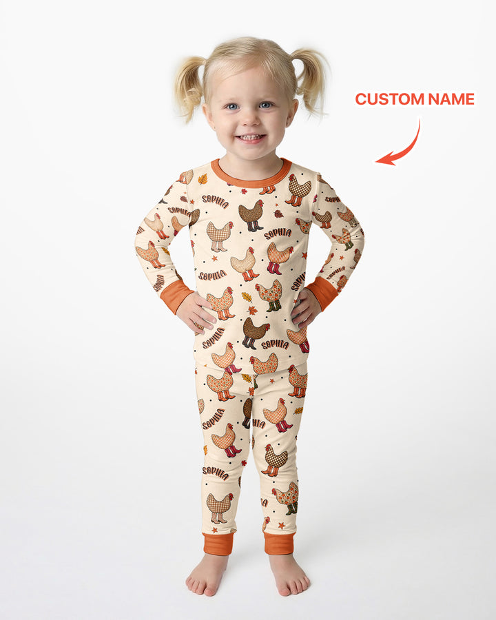 Custom Name Preppy Fall Chicken Bamboo Two Piece Long Sleeve Pajama Set