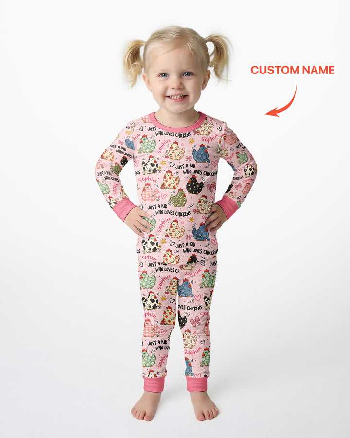 Custom Name Just A Kid Who Loves Chickens Bamboo Two Piece Long Sleeve Pajama Set