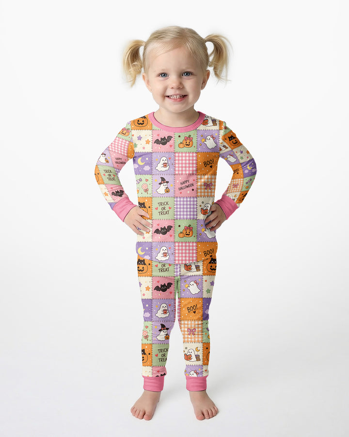 Cute Halloween Trick Or Treat Patchwork Bamboo Two Piece Long Sleeve Pajama Set