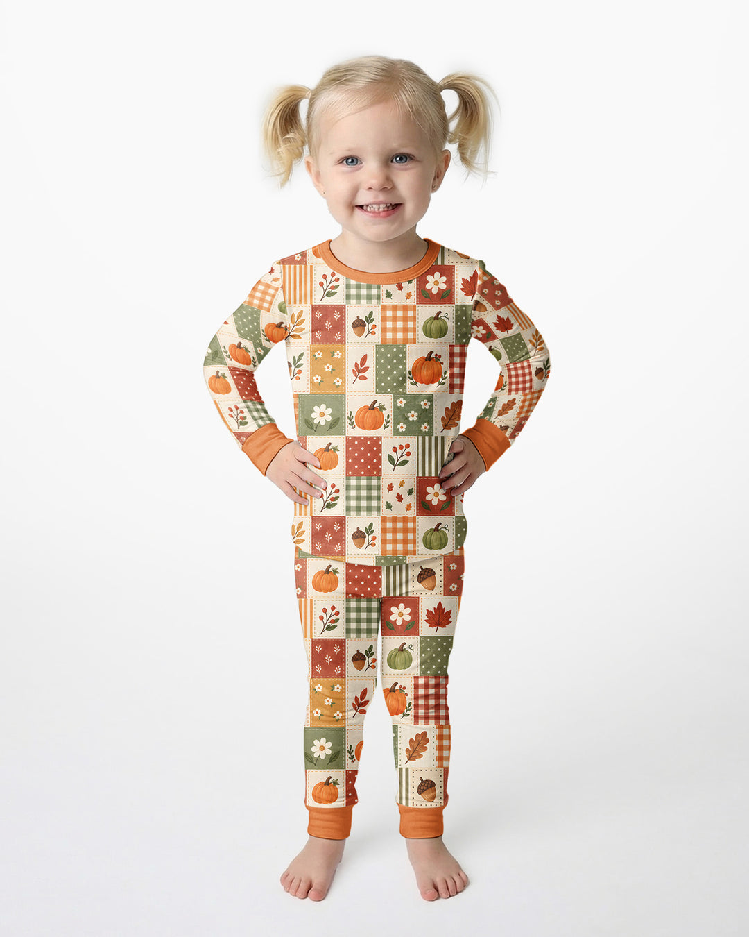 Vintage Fall Gingham Pumpkin Patchwork Bamboo Two Piece Long Sleeve Pajama Set