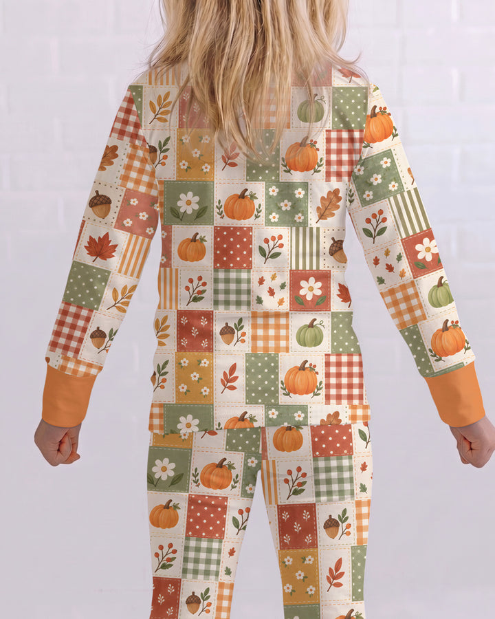 Vintage Fall Gingham Pumpkin Patchwork Bamboo Two Piece Long Sleeve Pajama Set