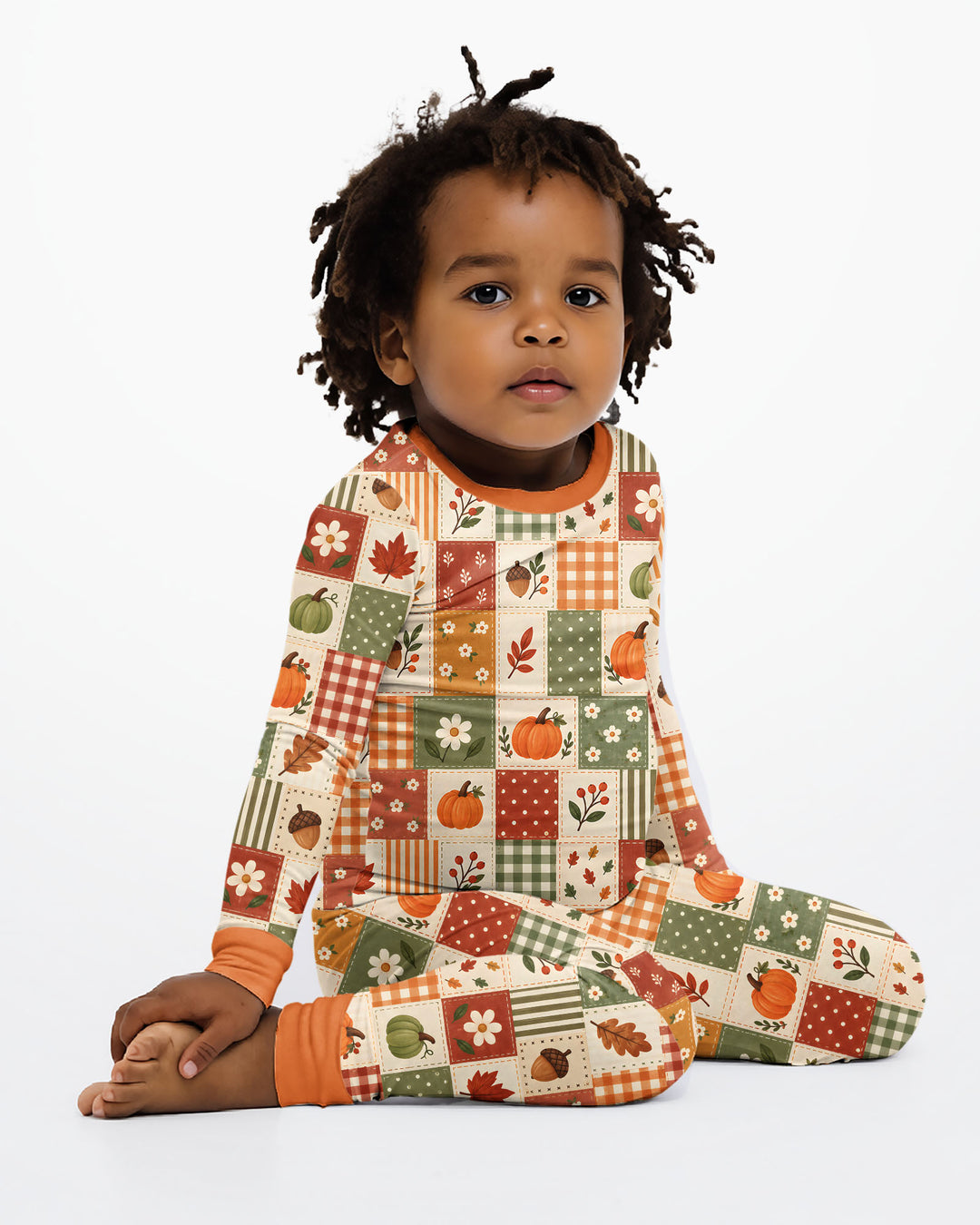 Vintage Fall Gingham Pumpkin Patchwork Bamboo Two Piece Long Sleeve Pajama Set