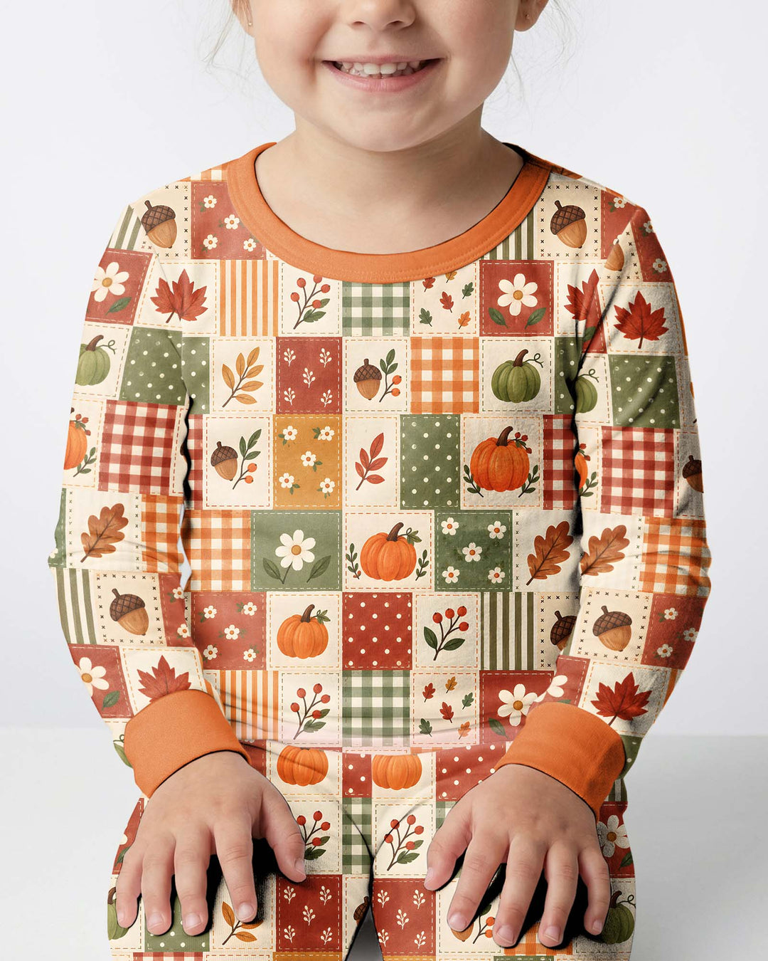 Vintage Fall Gingham Pumpkin Patchwork Bamboo Two Piece Long Sleeve Pajama Set