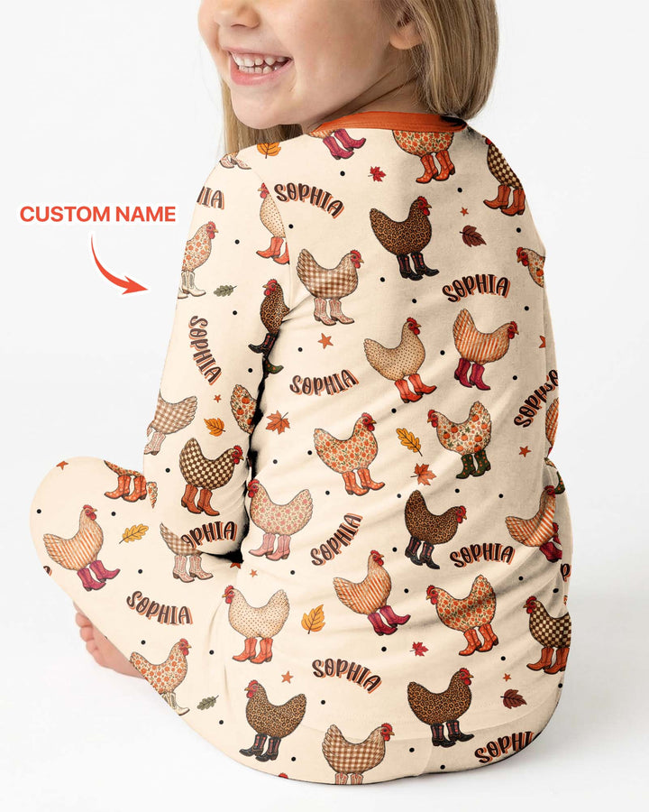 Custom Name Preppy Fall Chicken Bamboo Two Piece Long Sleeve Pajama Set