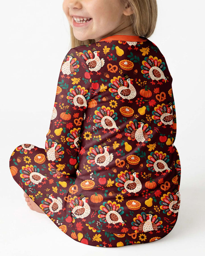 Festive Turkey Fall Harvest Bamboo Two Piece Long Sleeve Pajama Set