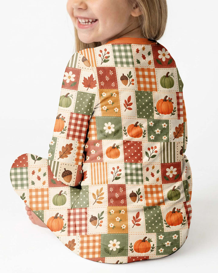 Vintage Fall Gingham Pumpkin Patchwork Bamboo Two Piece Long Sleeve Pajama Set