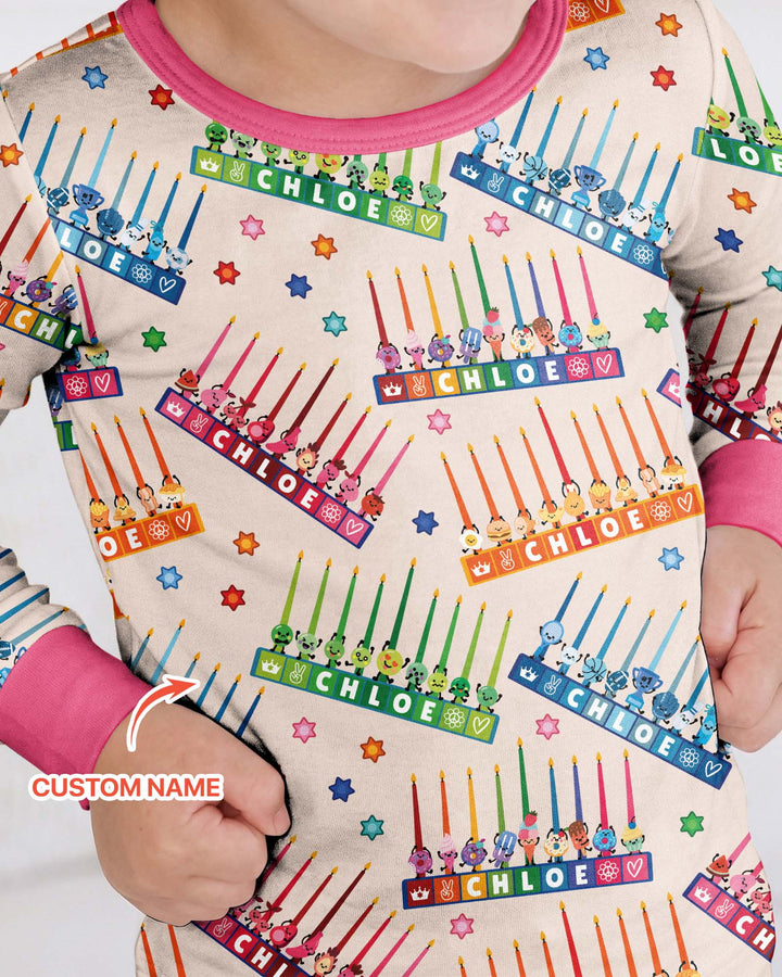 Personalized Jewish Menorah Bamboo Two Piece Long Sleeve Pajama Set