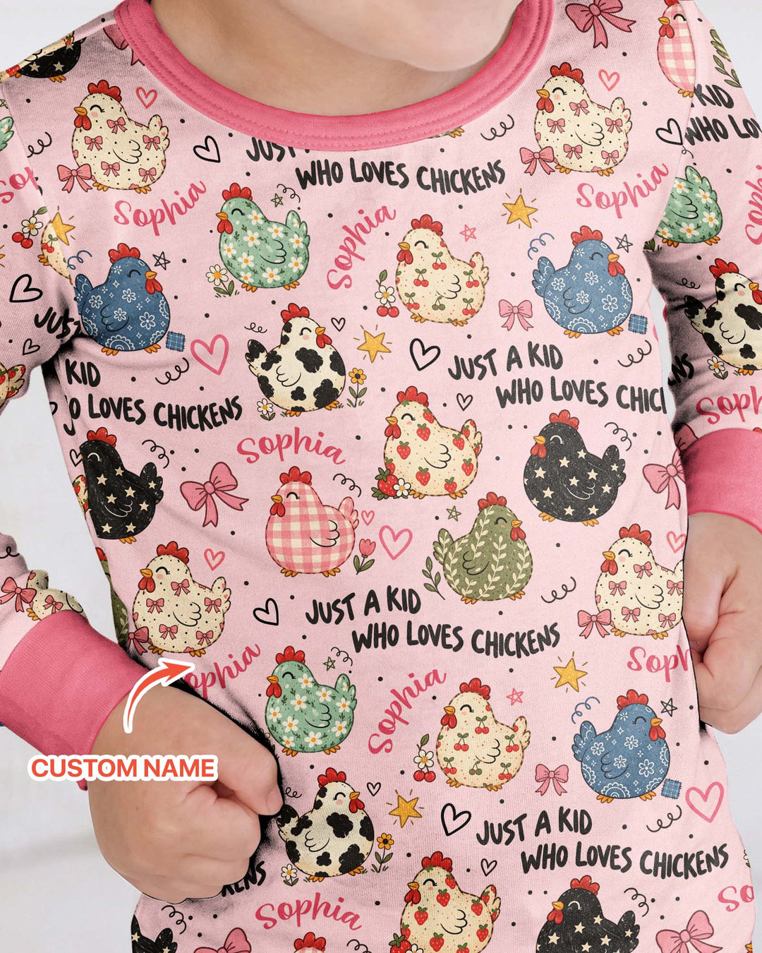 Custom Name Just A Kid Who Loves Chickens Bamboo Two Piece Long Sleeve Pajama Set