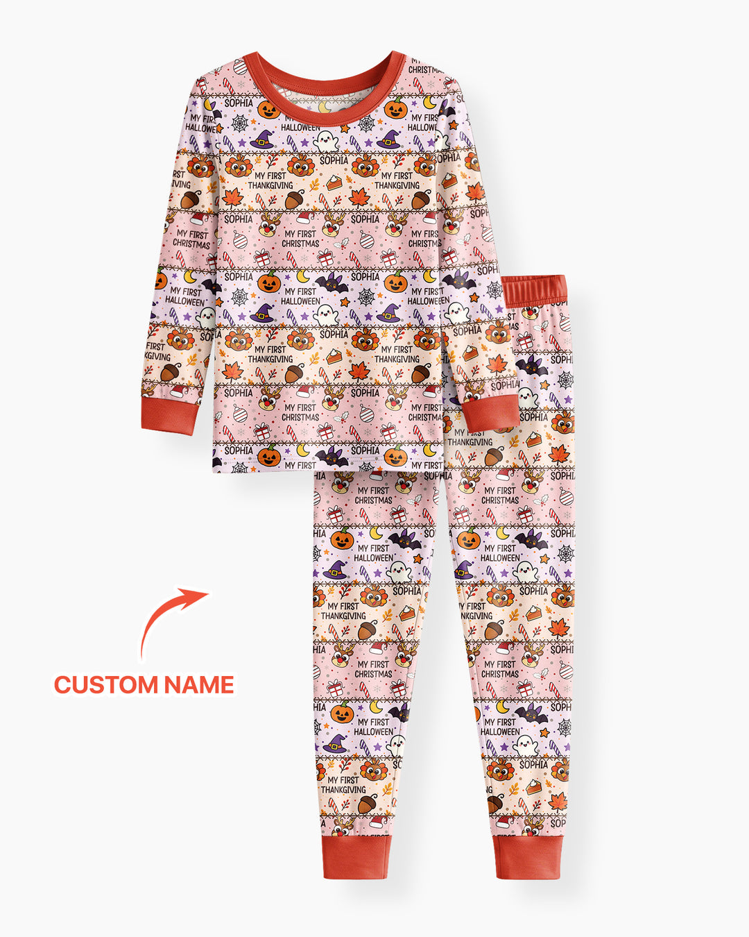 Custom Name My First Hallothanksmas Bamboo Two Piece Long Sleeve Pajama Set