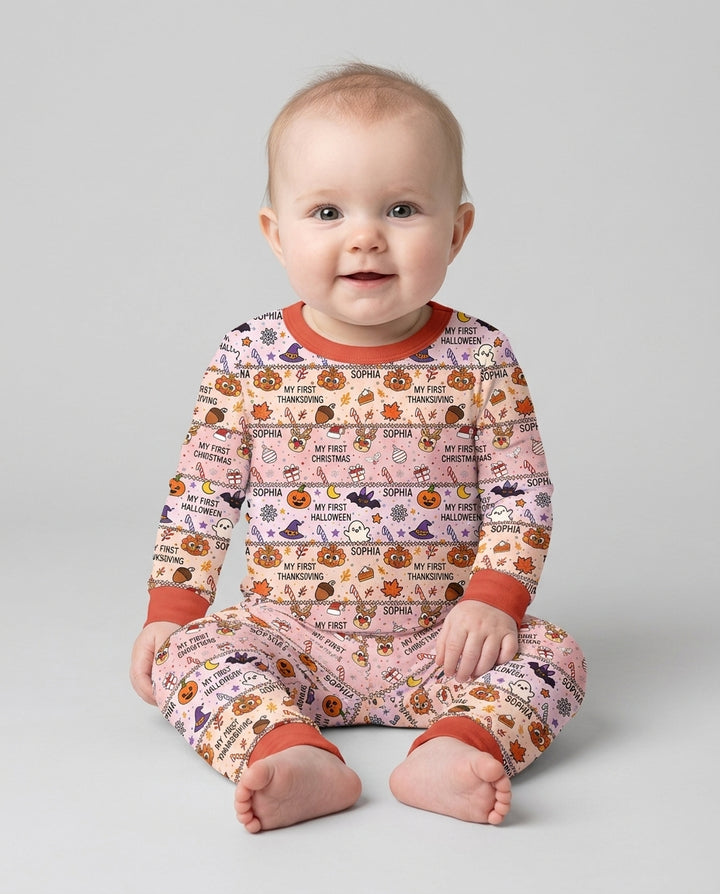 Custom Name My First Hallothanksmas Bamboo Two Piece Long Sleeve Pajama Set