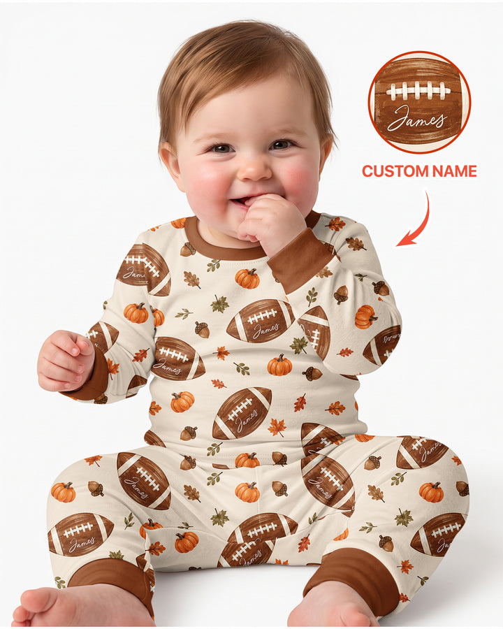 Custom Name Football Season Happy Fall Bamboo Two Piece Long Sleeve Pajama Set