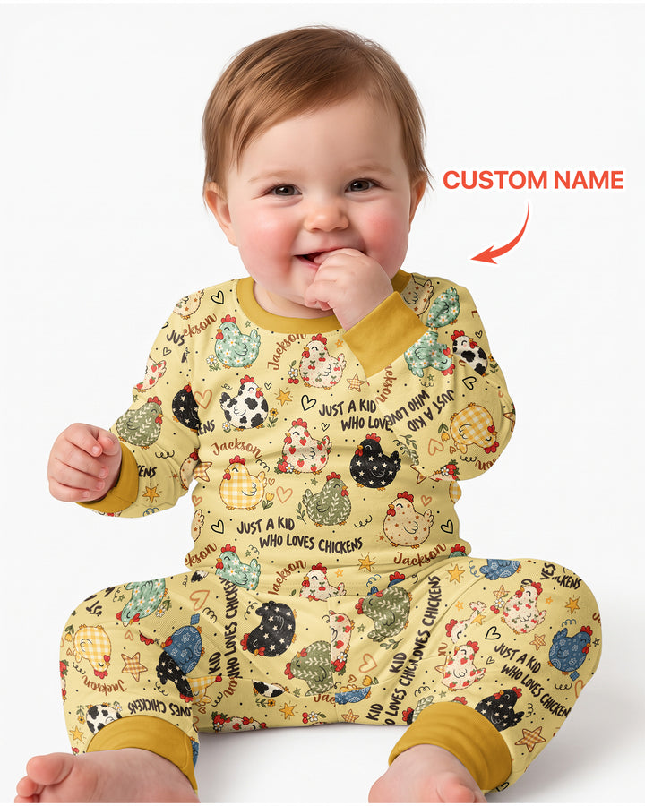 Custom Name Just A Kid Who Loves Chickens Bamboo Two Piece Long Sleeve Pajama Set