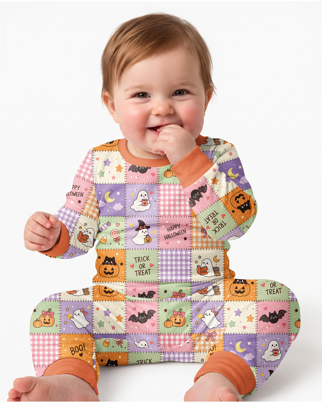 Cute Halloween Trick Or Treat Patchwork Bamboo Two Piece Long Sleeve Pajama Set