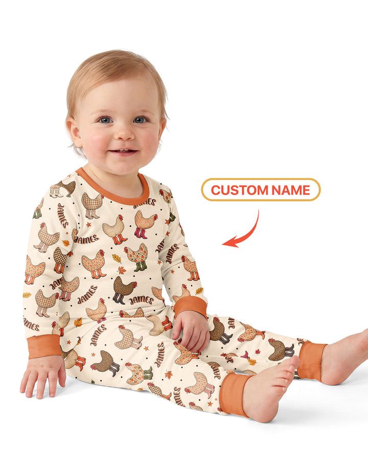 Custom Name Preppy Fall Chicken Bamboo Two Piece Long Sleeve Pajama Set