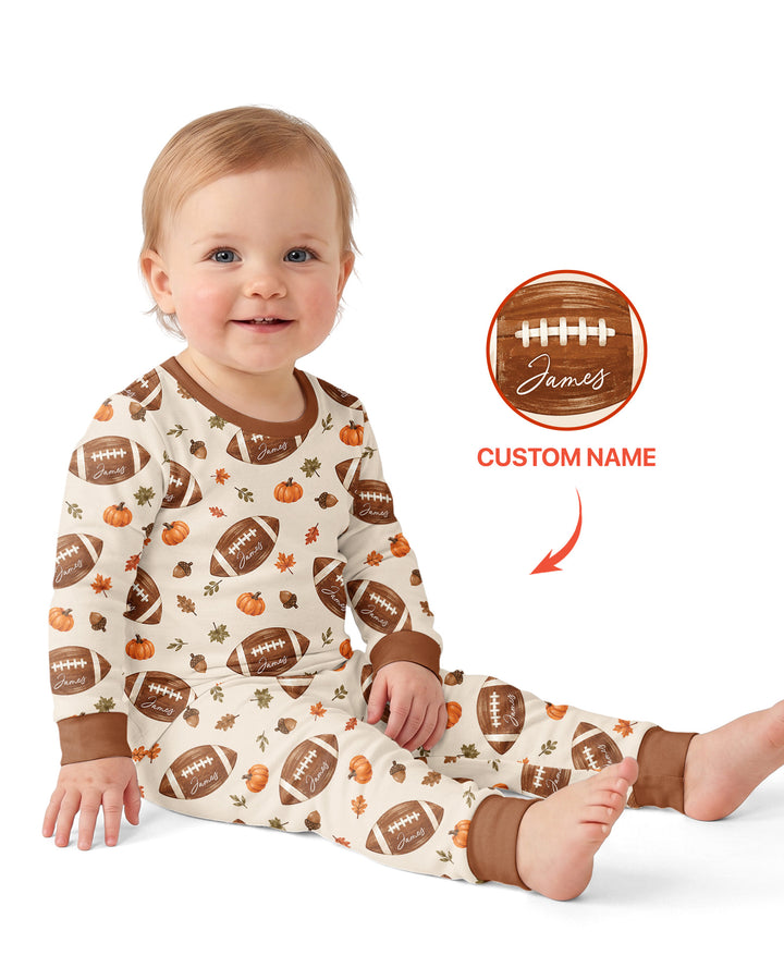 Custom Name Football Season Happy Fall Bamboo Two Piece Long Sleeve Pajama Set
