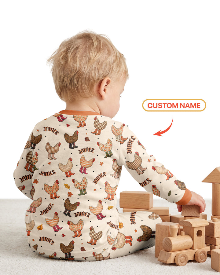 Custom Name Preppy Fall Chicken Bamboo Two Piece Long Sleeve Pajama Set