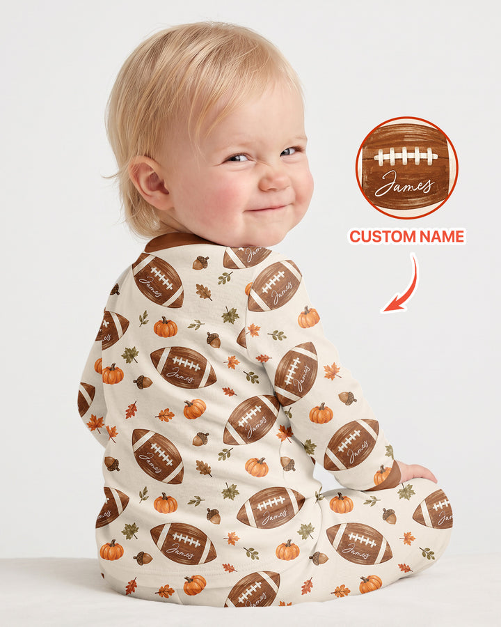 Custom Name Football Season Happy Fall Bamboo Two Piece Long Sleeve Pajama Set