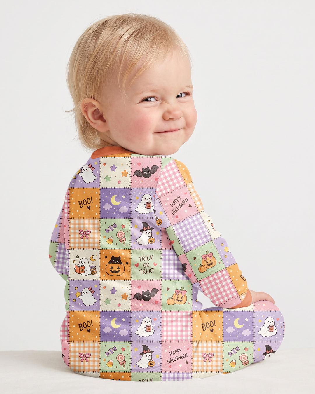 Cute Halloween Trick Or Treat Patchwork Bamboo Two Piece Long Sleeve Pajama Set