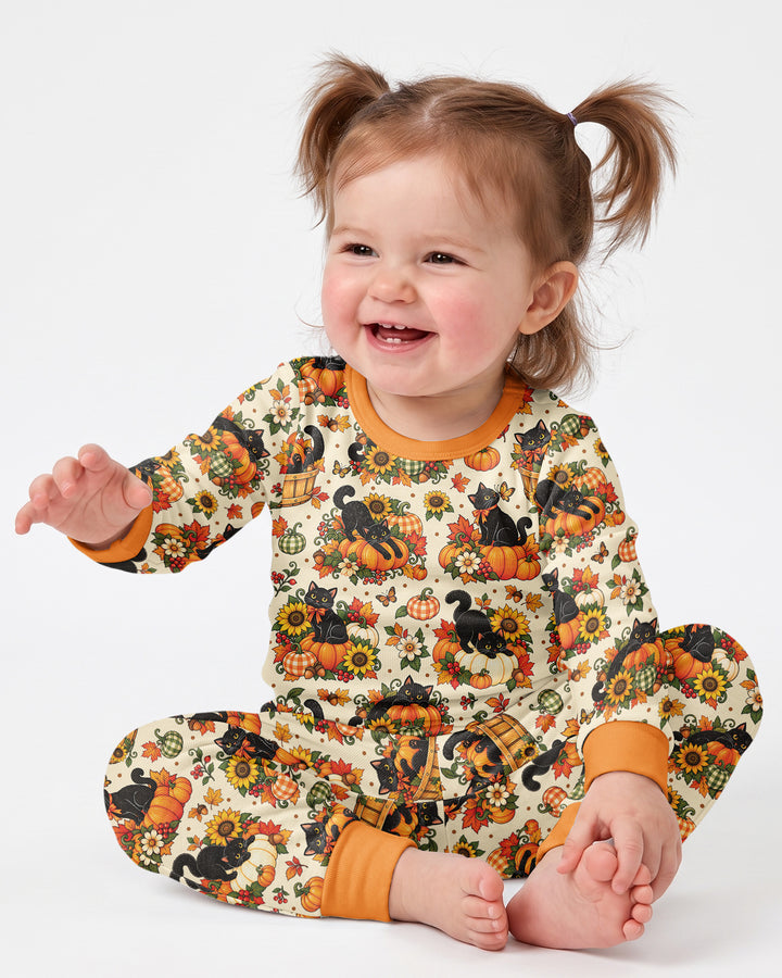 Vintage Black Cat Pumpkin Fall Bamboo Two Piece Long Sleeve Pajama Set