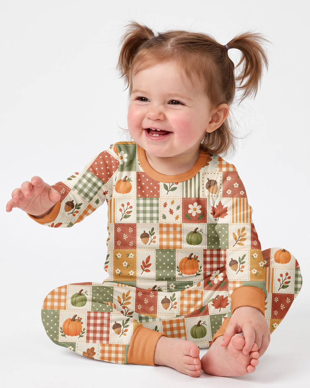 Vintage Fall Gingham Pumpkin Patchwork Bamboo Two Piece Long Sleeve Pajama Set