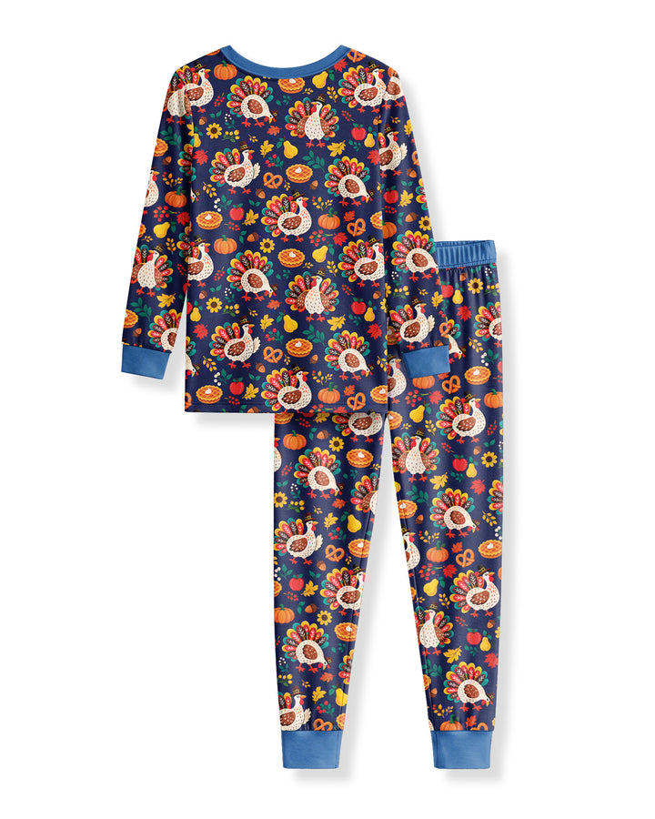 Festive Turkey Fall Harvest Bamboo Two Piece Long Sleeve Pajama Set