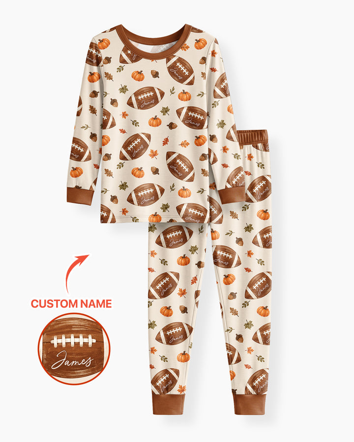 Custom Name Football Season Happy Fall Bamboo Two Piece Long Sleeve Pajama Set