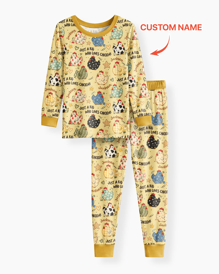 Custom Name Just A Kid Who Loves Chickens Bamboo Two Piece Long Sleeve Pajama Set