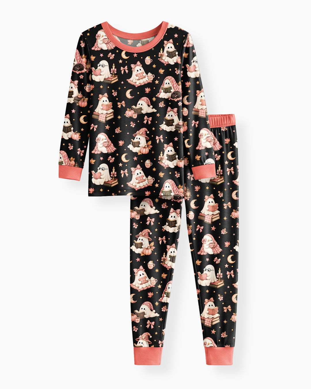 Coquette Bookish Ghost Halloween Bamboo Two Piece Long Sleeve Pajama Set