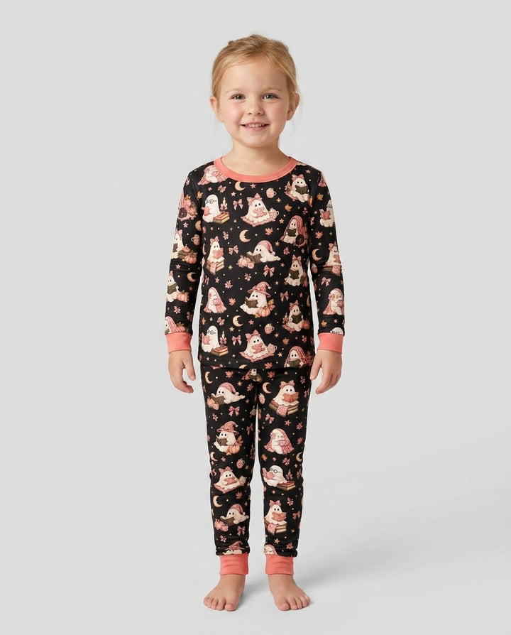 Coquette Bookish Ghost Halloween Bamboo Two Piece Long Sleeve Pajama Set