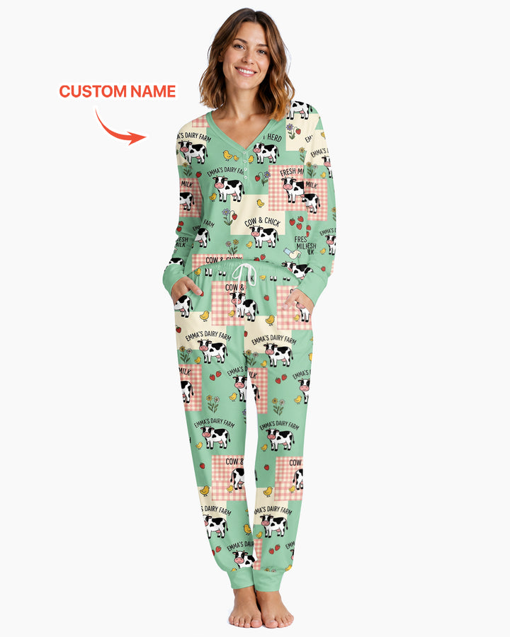 Custom Name Minty Farm And A Tiny Chick Bamboo Women Pajama Set