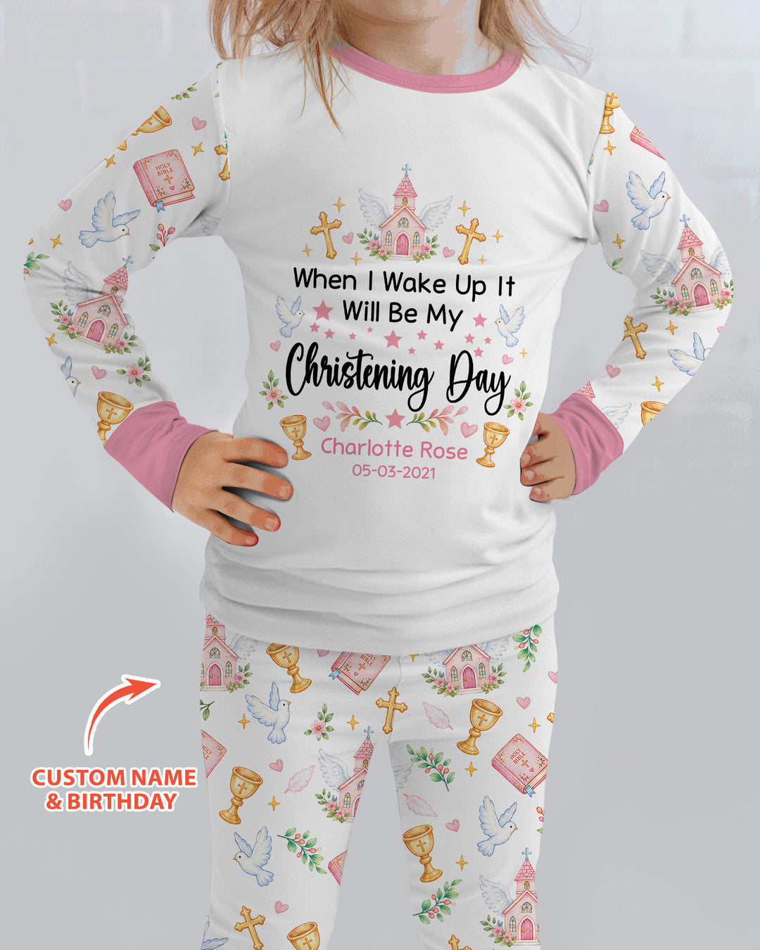 Personalized When I Wake Up It Will Be My Christening Day Bamboo Two Piece Long Sleeve Pajama Set