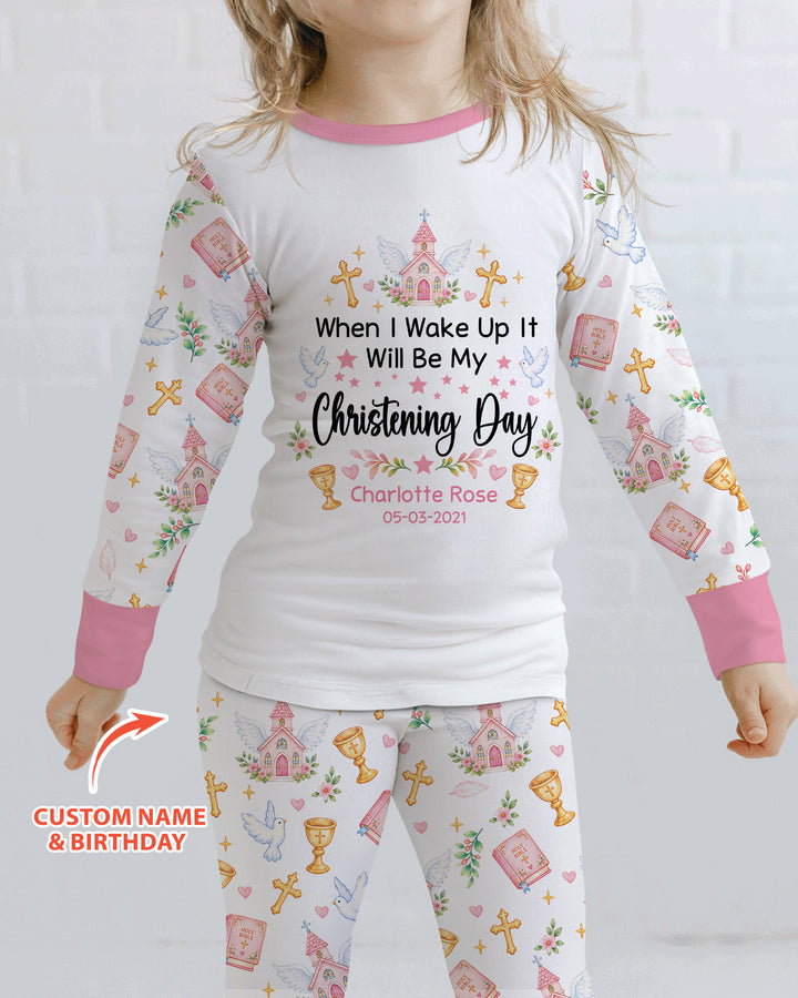 Personalized When I Wake Up It Will Be My Christening Day Bamboo Two Piece Long Sleeve Pajama Set
