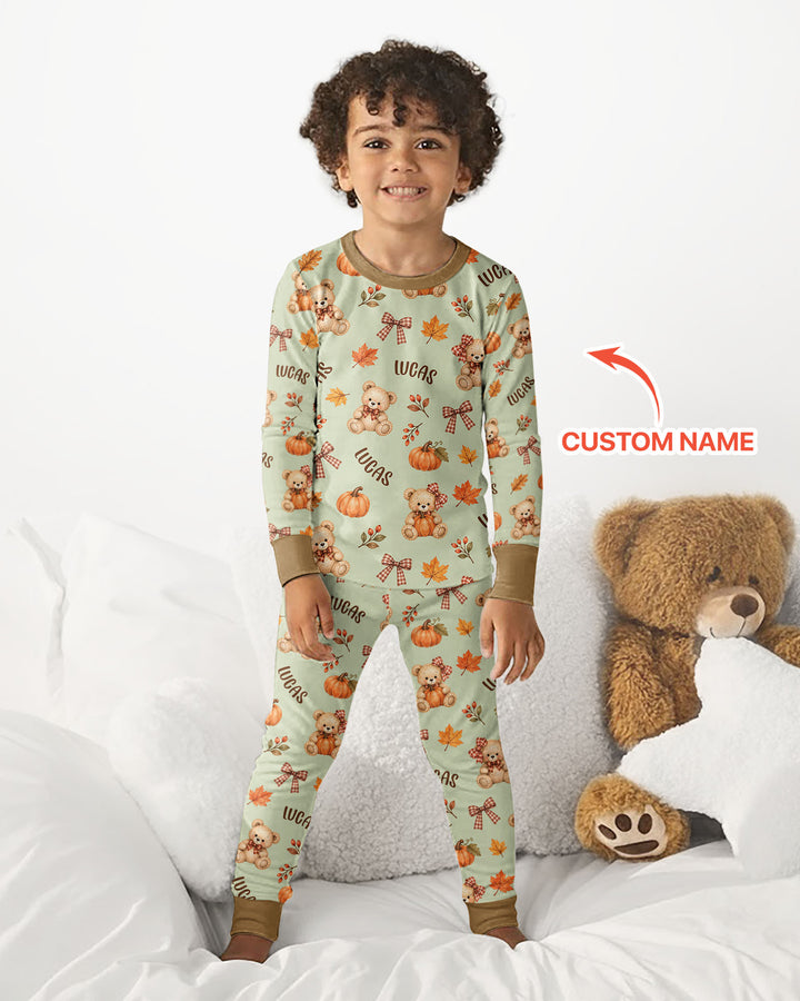 Fall Gingham Bow Teddy Bear Bamboo Two Piece Long Sleeve Pajama Set