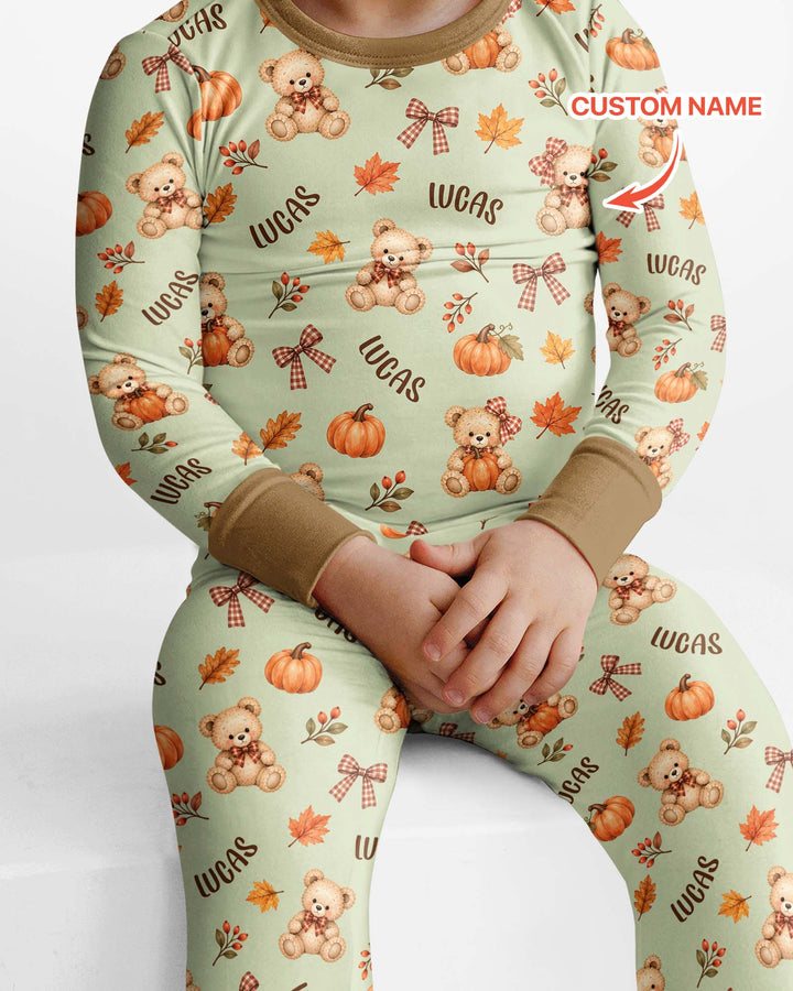 Fall Gingham Bow Teddy Bear Bamboo Two Piece Long Sleeve Pajama Set