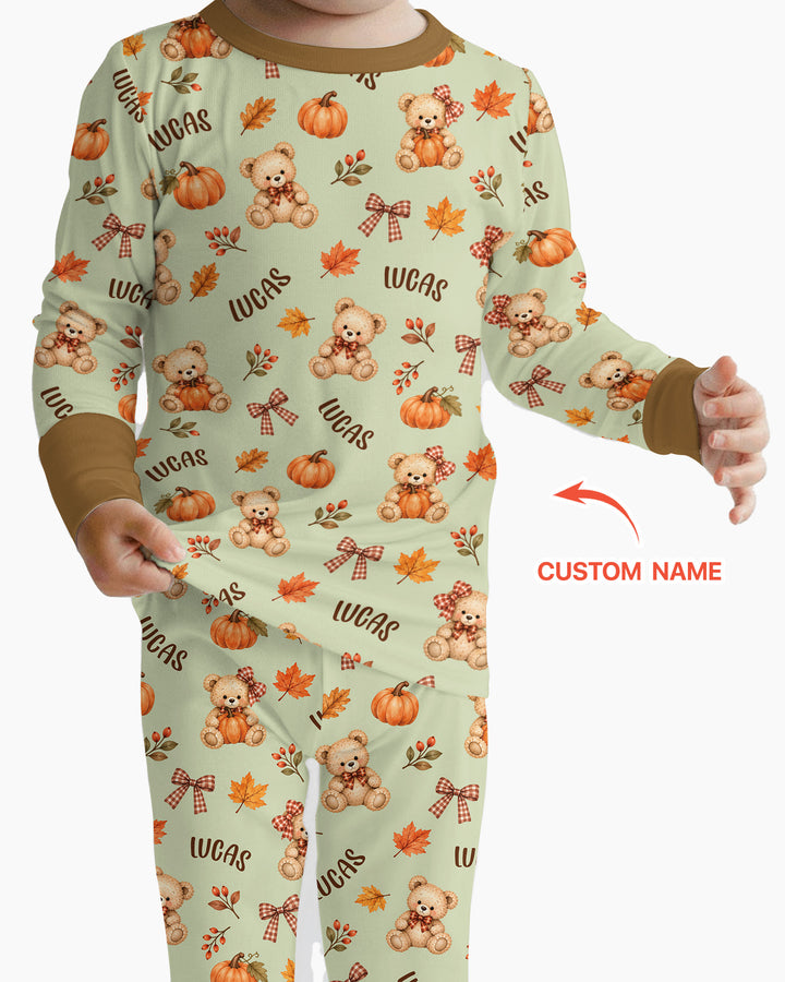 Fall Gingham Bow Teddy Bear Bamboo Two Piece Long Sleeve Pajama Set