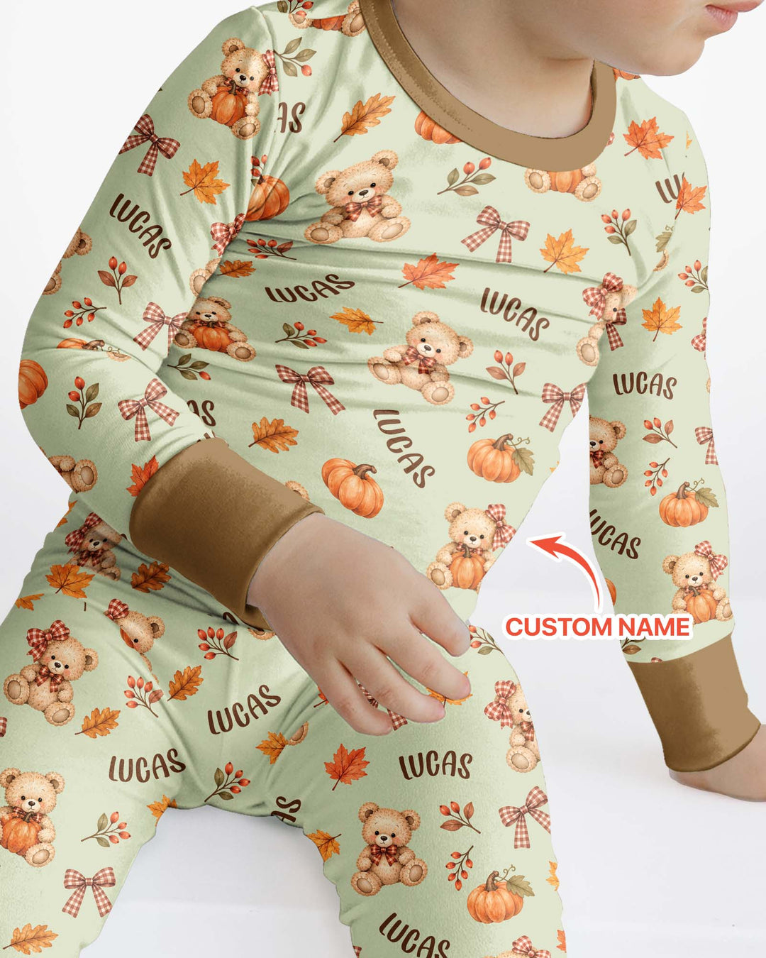 Fall Gingham Bow Teddy Bear Bamboo Two Piece Long Sleeve Pajama Set