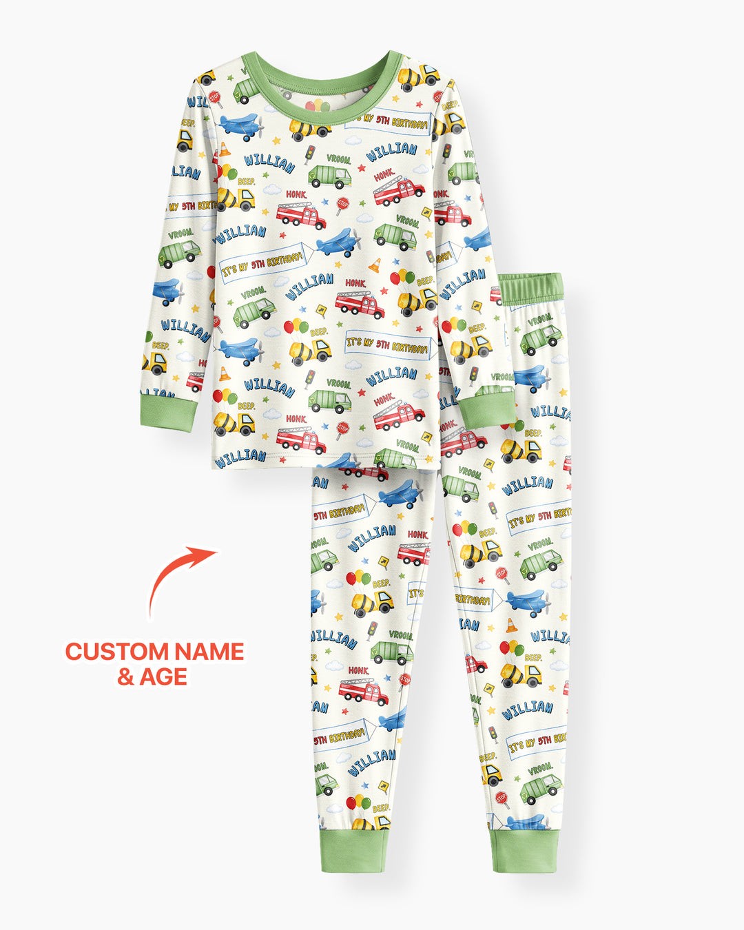 Personalized Transportation Birthday Bamboo Two Piece Long Sleeve Pajama Set