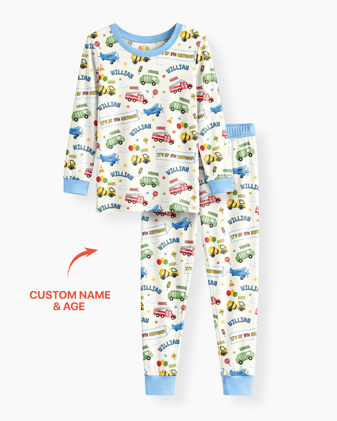 Personalized Transportation Birthday Bamboo Two Piece Long Sleeve Pajama Set