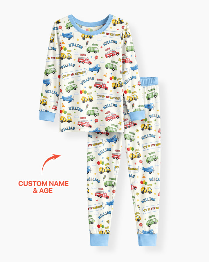 Personalized Transportation Birthday Bamboo Two Piece Long Sleeve Pajama Set