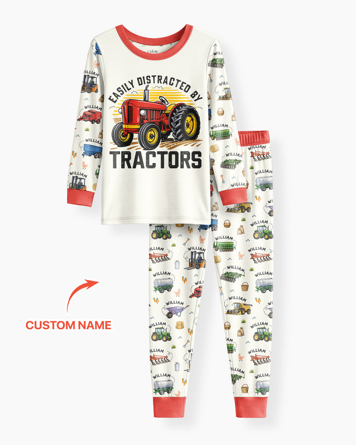 Easily Distracted By Tractors Custom Name Bamboo Two Piece Long Sleeve Pajama Set