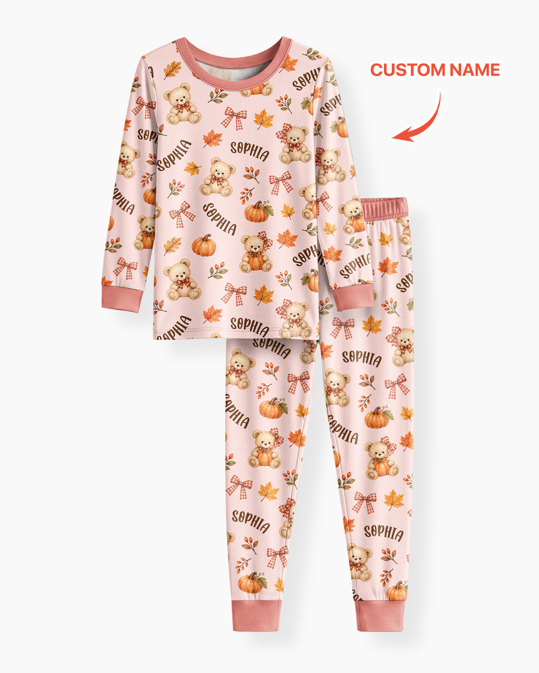 Fall Gingham Bow Teddy Bear Bamboo Two Piece Long Sleeve Pajama Set