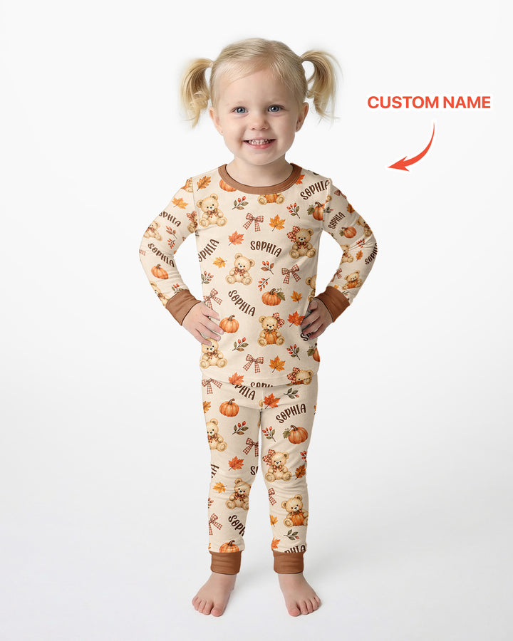 Fall Gingham Bow Teddy Bear Bamboo Two Piece Long Sleeve Pajama Set