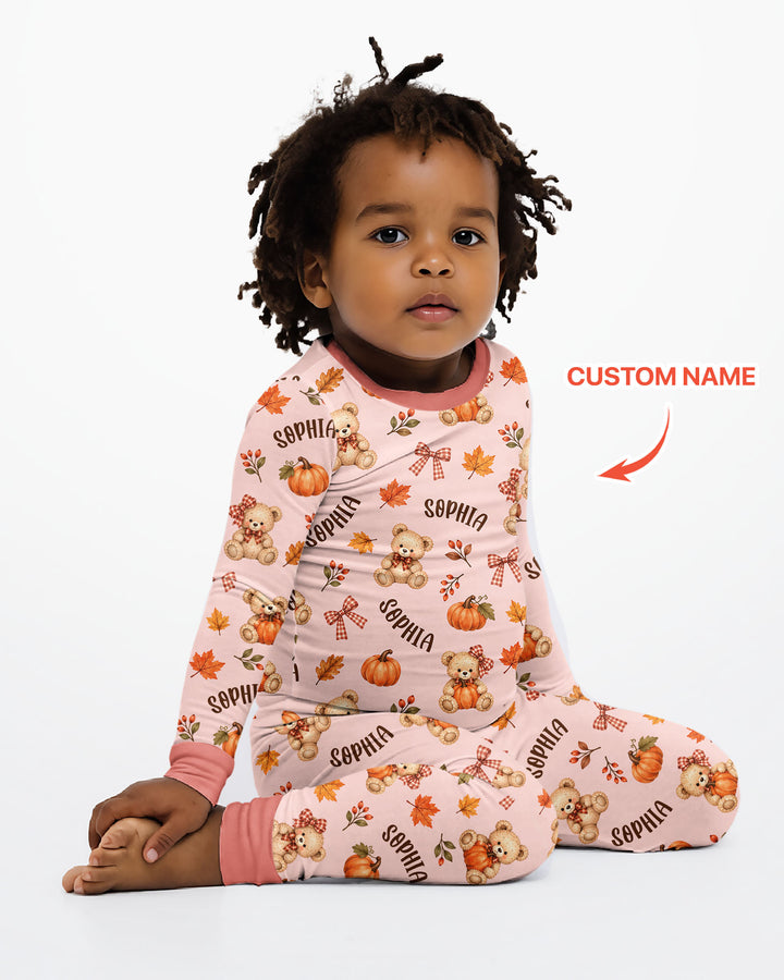 Fall Gingham Bow Teddy Bear Bamboo Two Piece Long Sleeve Pajama Set