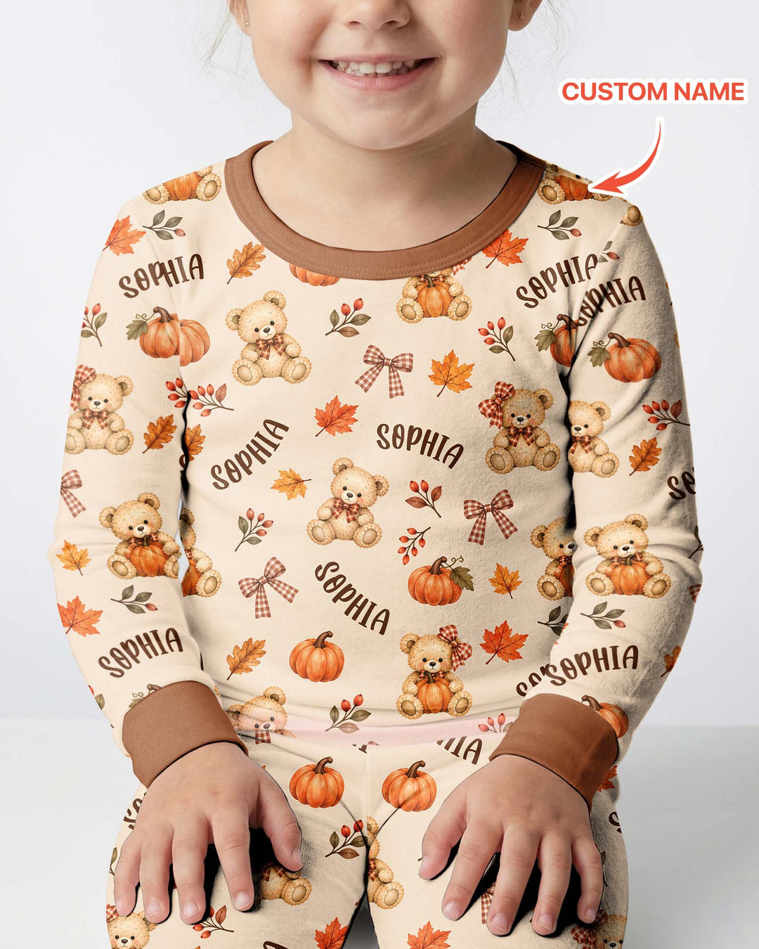 Fall Gingham Bow Teddy Bear Bamboo Two Piece Long Sleeve Pajama Set